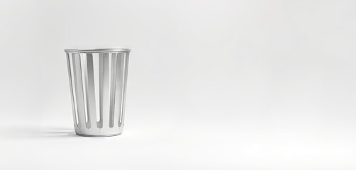 Poster - A shiny metallic trash bin is positioned on a clean, minimalistic surface. Soft light creates gentle reflections and shadows, enhancing the bin's sleek design and material quality