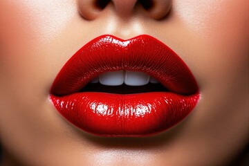Poster - Close-up of glossy red lips with radiant highlights, against a blurred background.