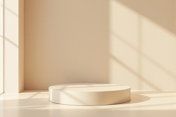 Poster - Minimal beige podium in sunlight with shadows on soft neutral background.
