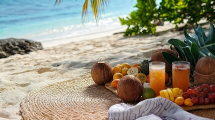 Poster - A tropical beach picnic setup with a woven mat, fresh coconut drinks, and tropical fruits