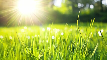 Poster - Vibrant Spring Landscape Captures Natures Beauty in Lush Green Grass and Warm Sunlight