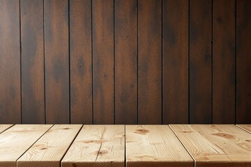 Poster - Rustic wooden table with dark wooden plank wall background.