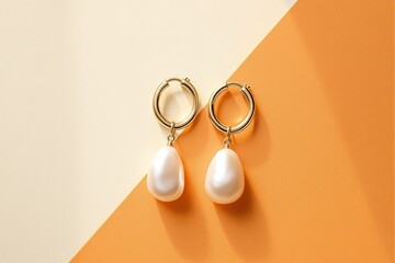 Aufkleber - Close-up of elegant pearl drop earrings with golden hoops on a dual-tone orange and beige background.