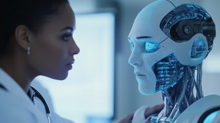 Poster - scientist closely examines a humanoid robot, highlighting the synergy between human intelligence and