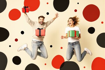 Wall Mural - Joyful couple jumping with holiday gifts against festive dotted background.