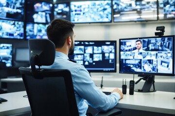 Aufkleber - Security officer monitoring multiple screens in a control room.