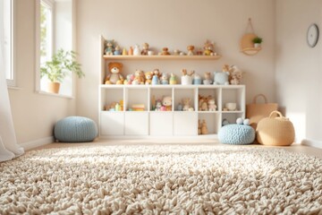 Wall Mural - Bright and cozy children's room with toys on shelves and soft textured carpet in focus.