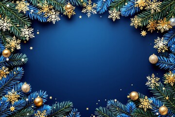 Wall Mural - Christmas frame with golden snowflakes and ornaments on a blue background.