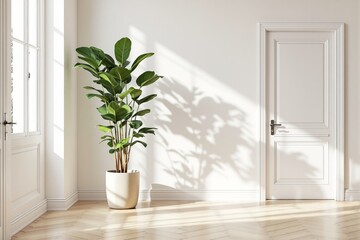Poster - Elegant indoor plant in a sunlit minimalist room with white walls and wooden flooring.