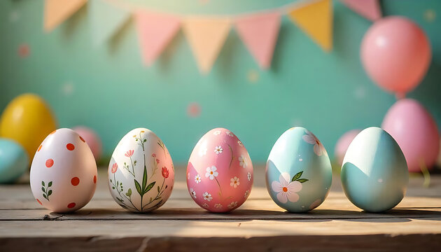 Decorated 3D Easter Eggs with Floral Designs & Pink Flowers Fresh Pastel Spring Composition, Happy Easter Greeting Card with Easter Egg and Flowers. Easter Concept, happy easter 2025, generative ai