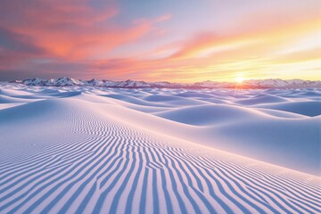 Poster - Serene snowy desert landscape with sunrise and distant mountains.