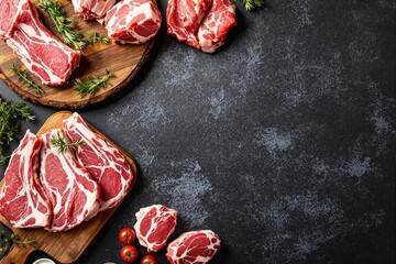 Aufkleber - Raw marbled beef steaks with fresh rosemary and cherry tomatoes on wooden boards, black textured surface with empty space.