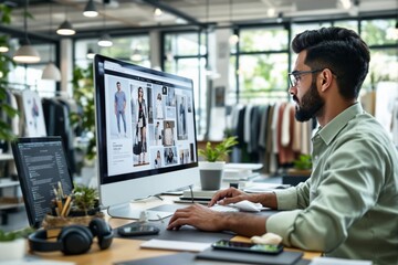Aufkleber - Man working on fashion website design in modern office with clothing racks in background.