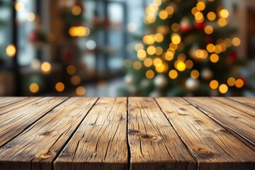 Poster - Wooden table with blurred Christmas tree and warm bokeh lights in background.
