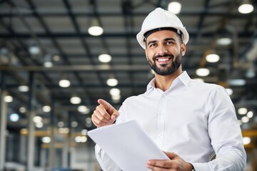 Aufkleber - Smiling architect or engineer in white shirt and helmet holding documents in industrial setting, pointing confidently.