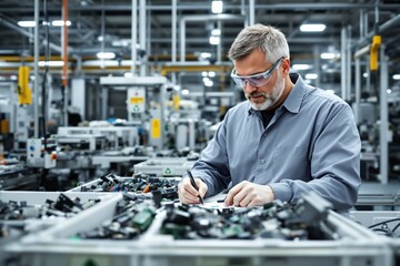 Aufkleber - Technician analyzing components in a factory setting, focused on quality control under industrial lighting.