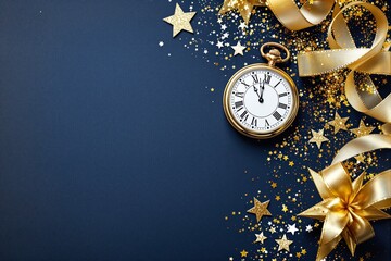 Poster - Golden pocket watch with ribbons and sparkling stars on dark background.