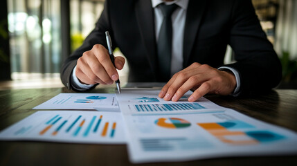 Poster - Businessman Analyzing Financial Data Charts Graphs Report Desk Table Market Growth Profit Office    