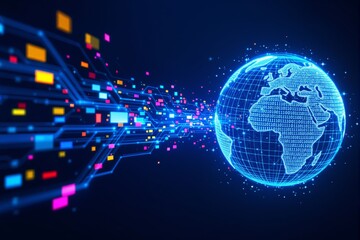 Aufkleber - Digital globe with binary code and glowing data streams on dark blue background.