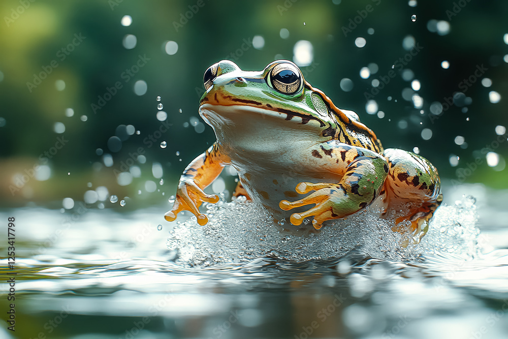 Frog is in the water, splashing around. The water is clear and calm ...