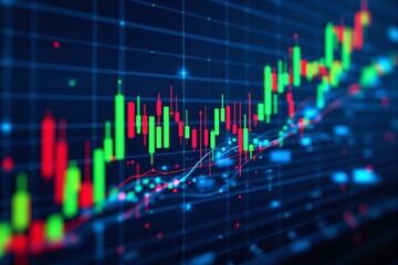 Poster - Financial stock market chart with candlestick data on dark background.