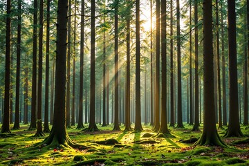 Poster - Sunlight filtering through tall forest trees with green mossy ground.