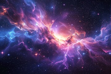 Poster - Stunning cosmic nebula with vibrant hues and glowing stars on dark space background. Concept of cosmic beauty and infinite universe.