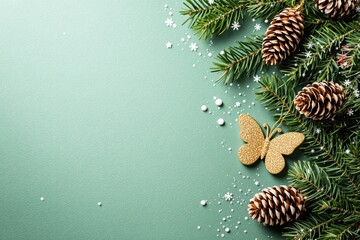 Poster - Christmas background with pine branches, cones, and golden butterfly decoration.