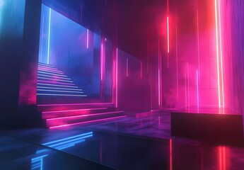 Poster - 3D render, abstract background with neon light rays and glow lines on a dark background, nightclub interior design, futuristic wallpaper