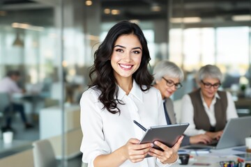 Poster - Confident young businesswoman holding a tablet in modern office.