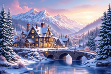 Poster - Picturesque snowy village with illuminated houses and bridge at sunset.