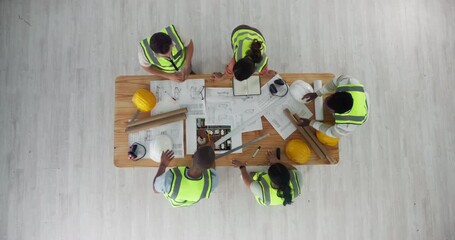 Poster - Handshake, people and construction team with blueprint, applause and agreement with house project. Employees, above and collaboration on architecture design, clap and infrastructure check in office