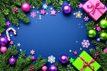 Poster - Festive Christmas background with ornaments, gifts, and pine branches on blue.