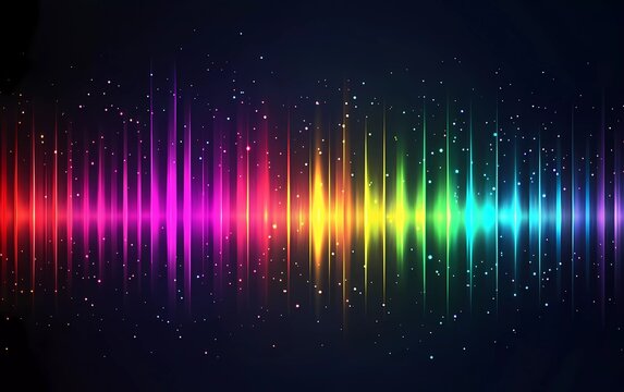 Abstract, colorful sound wave background. Audio spectrum with glowing elements on a dark blue backdrop, vector illustration. Space for text or design