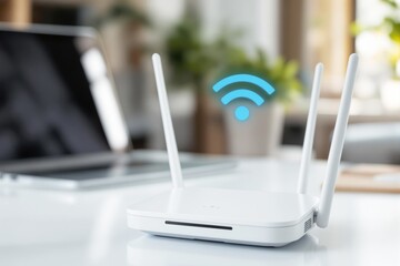 Poster - Wireless router with antennas emitting a blue Wi-Fi signal on a white desk in a blurred modern home interior.