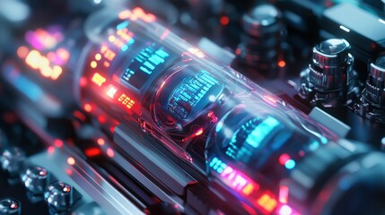 Poster - High tech energy core featuring vibrant blue and red glowing lights, encapsulated in a sleek metallic structure, representing advanced technology and futuristic innovation