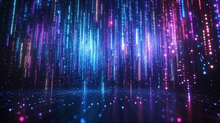 Poster - Vibrant Abstract Background with Glowing Neon Binary Code in Multicolored Streams of Light and Digital Effects for Futuristic and Tech Designs