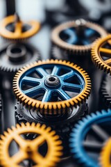 Poster - Blue And Yellow Gears In Motion Abstract Industrial Background Of Interlocking Cogwheels