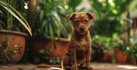 Canvas Print - A small brown puppy sitting amidst lush green plants in a cozy garden setting, capturing a serene moment of nature