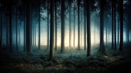  Forest background picture showing A dense forest at night, with tall trees and eerie shadows in the background