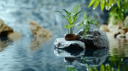 Poster - Tranquil nature scene with ferns and rocks serene pond photography calm environment close-up minimalist aesthetic