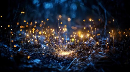 Poster - Illuminating light points spreading from ground enchanted forest abstract design nighttime close-up nature's magic