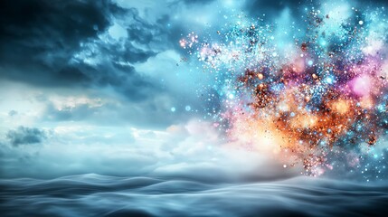 Aufkleber - Glowing light particles in an abstract sky scene over ocean waves digital art ethereal environment serene viewpoint