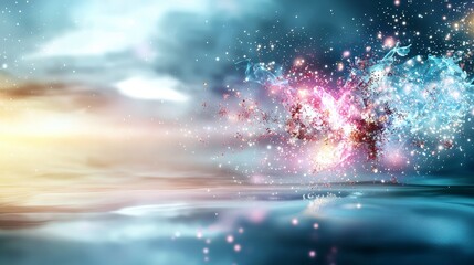 Poster - Ethereal light particles dance in abstract sky scene infinite space digital art dreamlike atmosphere aerial perspective