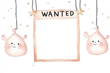 Poster - Cute and playful illustration of a Wanted poster frame featuring adorable characters, perfect for kids activities or party designs with a cheerful vibe