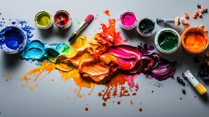 Aufkleber - Vibrant watercolor blends creative art display in a colorful palette from a top-down view of an artistic studio