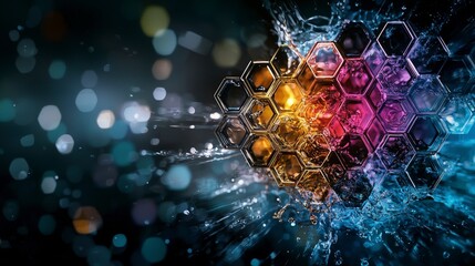 Poster - Dynamic hexagonal light and shadow play abstract art digital artwork colorful background close-up perspective visual depth