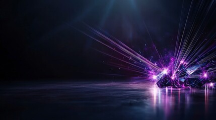Fototapete - Vibrant laserlike beams of light illuminate a dark purple space abstract digital art futuristic close-up visual impact