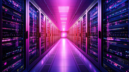 Poster - vibrant data center with retro futuristic design and glowing lights