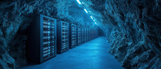 Poster - data center built inside mountain with natural rock walls